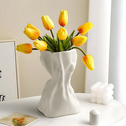 Paper Bag Vase, Unique Crinkle Grab Design Matte Ceramic Vase, Boho Flower Vase for Modern Home Decor, Wedding Dinner Table Party Office Decorative(White)