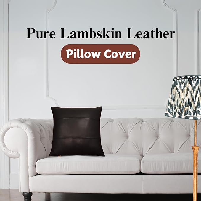 Lambskin Leather Pillow Cover - Sofa Cushion Case - Decorative Throw Covers for Living Room & Bedroom, 16x16 Inches - Black (01) Pack of 2
