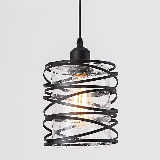 Modern Mini Pendant Light Fixture Kitchen Island Pendant Lighting 6.30''Matte Black Spiral Cage Handblown Clear Seeded Glass Shade Hanging Lamp Adjustable Cord for Dining Room 1-Pack,E26