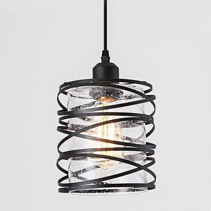 Modern Mini Pendant Light Fixture Kitchen Island Pendant Lighting 6.30''Matte Black Spiral Cage Handblown Clear Seeded Glass Shade Hanging Lamp Adjustable Cord for Dining Room 1-Pack,E26