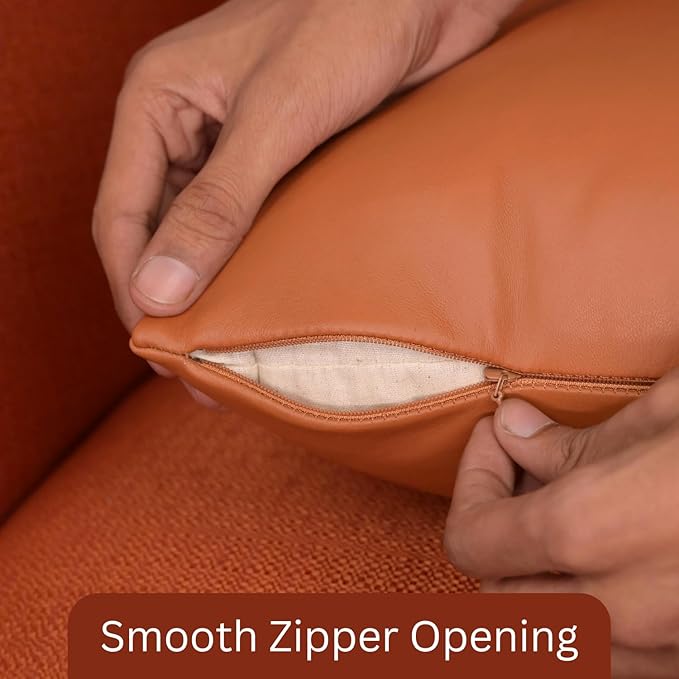 LL LEATHER LOVERS Lambskin Leather Pillow Cover, Hand Panel Stitched Leather Decorative Throw Pillow Covers for Couch Sofa Bed Living Room Garden (14x14 Inches, Tan Plain Pack of 2)