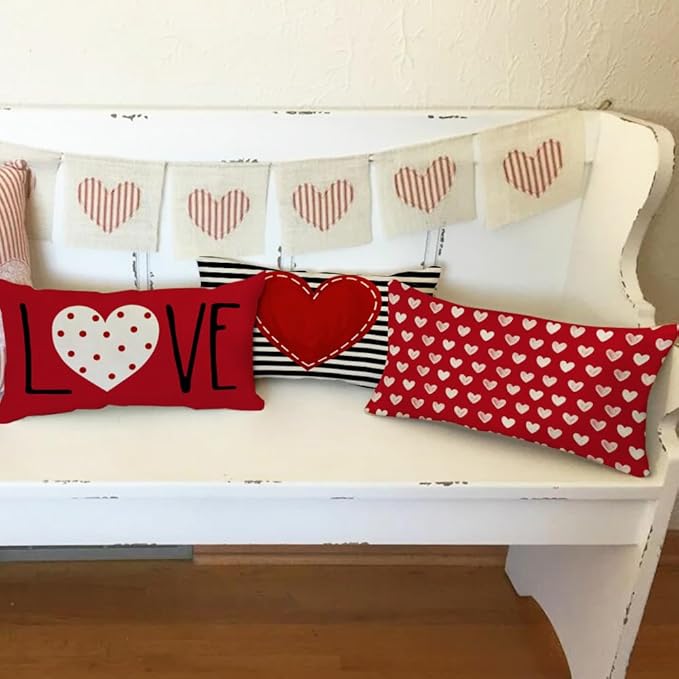 GEEORY Valentines Day Pillow Covers 12 x 20 inch Set of 4 for Valentines Day Decor Red White Stripes Dots Love Heart Throw Pillows Decorative Cushion Cases Valentine Decorations G194-12