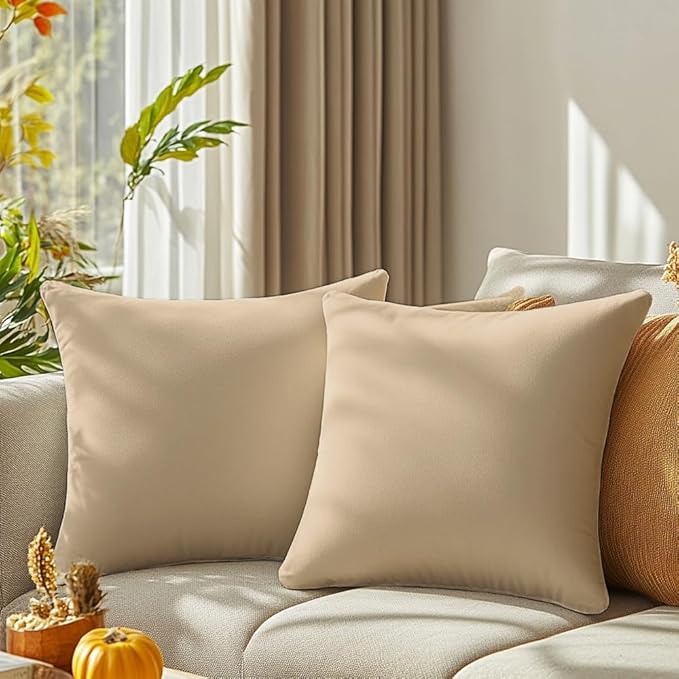 QUORGVES Beige Velvet Pillow Covers 24x24 Inch Set of 2, Soft Solid Decorative Square Throw Pillow Covers, Decor Cushion Covers for Bed Sofa Couch Bedroom Living Room