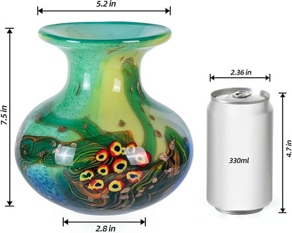 Glass Vases for Flower, Unique Hand Blown Green Glass Vase, Modern Art Decorative for Home Living Room, Office, Table centerpieces, Bookshelves and Wedding Decorations (JG67)