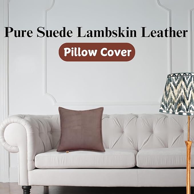 Genuine Suede Leather Pillow Cover, 14x14 Inch Case for Lumbar Throw Couch Pillows, Thick & Soft Cushion Covers for Sofa Bed Home Decor (Suede Grey Box Pack of 1)