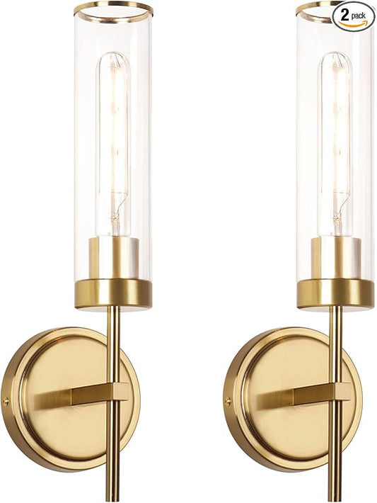 Wall Sconces Set of Two,Modern Bathroom Sconces Wall Lighting 16" 60W Brushed Gold Sconces Wall with Clear Glass Shade for Living Room Corridor Mirror Bedroom Stairs