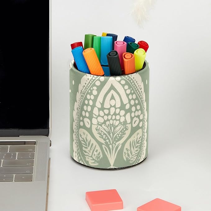 Sage Green Flowers Leaves and Dots Pattern Pen Pencil Holder for Desk, Pen Pencil Cup Table Stationery Organizer Makeup Brush Holder for School Home Office Supplies