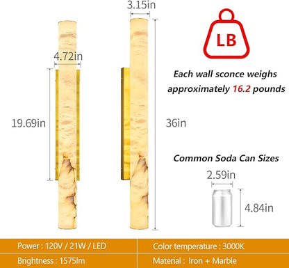 LMQNINE Natural Alabaster Wall Sconces Set of Two Spanish Marble Wall Light Cylinder Modern Gold LED Sconce for Living Room Bedroom Bathroo Stairs（L-2Pack）