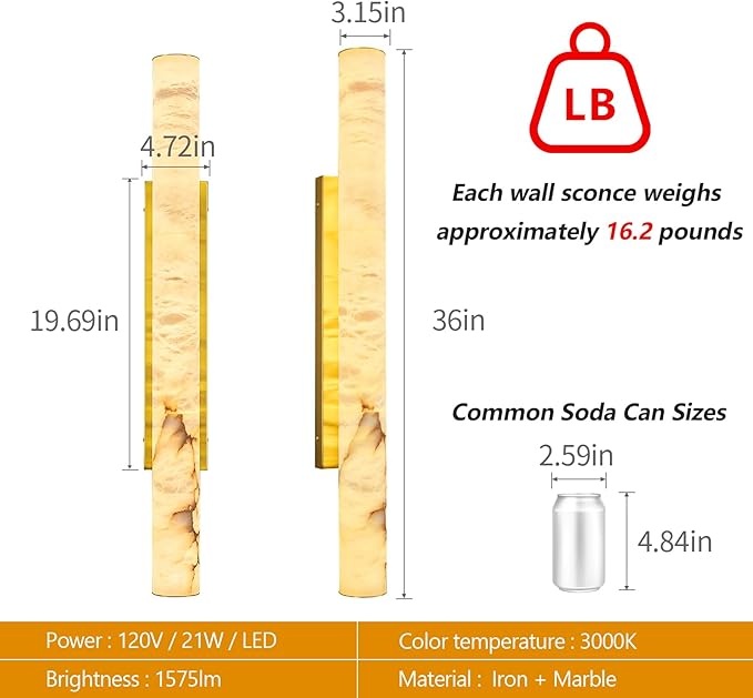 LMQNINE Natural Alabaster Wall Sconces Spanish Marble Wall Light Cylinder Modern Gold LED Sconce for Living Room Bedroom Bathroom Stairs（L-1Pack）