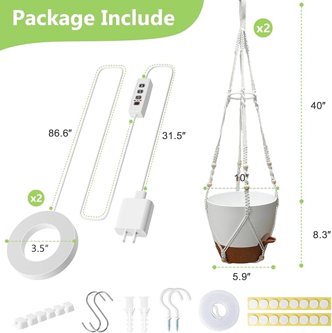 Hanging Planters for Indoor Plants: 2 Pack Macrame Plant Hangers with Grow Lights and Self-Watering Pots, 10 Inch Large Hanging Pots with Drainage Holes & Removable Tray