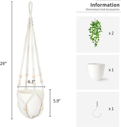 Mkono Fake Hanging Plant with Pot, Artificial Plants for Home Decor Indoor Macrame Plant Hanger with Fake Vines Greenery for Bedroom Bathroom Kitchen Office Decor, Ivory (Pothos)