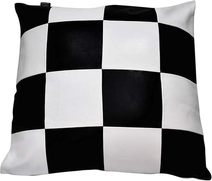 D DOLLY LAMB Lambskin Leather Pillow Cover - Sofa Cushion Case - Decorative Throw Covers for Living Room & Bedroom, 18x18 Inches - Check White & Black Pack of 1