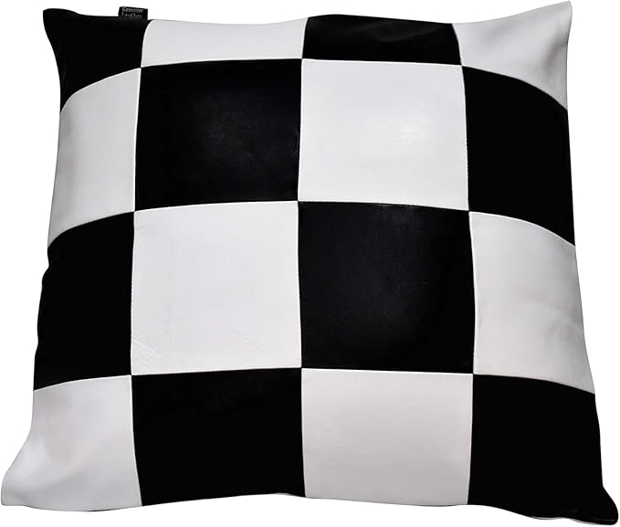 D DOLLY LAMB Lambskin Leather Pillow Cover - Sofa Cushion Case - Decorative Throw Covers for Living Room & Bedroom, 22x22 Inches - Check White & Black Pack of 1