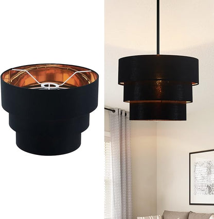 EDISLIVE 3-tier Drum Linen Lamp Shade for Pendant Lamp Floor Lamp Chandelier Replacement Shade Clip on Bulb Classic Round Lampshade Cover Only (Black)