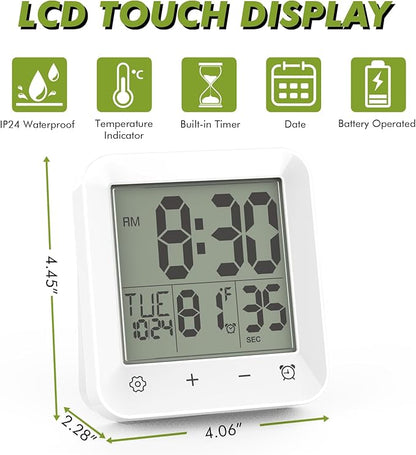 Digital Shower Clock Waterproof, Bathroom Wall Clock Timer with Touch Screen, Temperature, LCD Display, Suction Cup Hanging Hole Stand for Kids and Adults