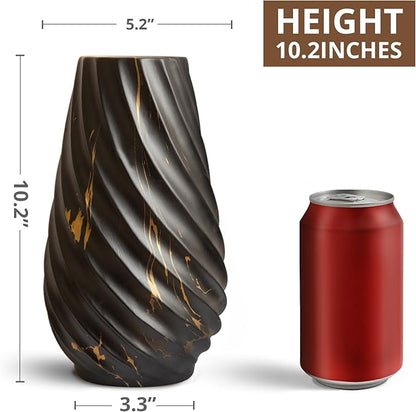 10 inch Tall Ribbed Ceramic Vase for Flowers,Boho Vases for Pampas Grass,Fluted vase,Simple Modern Decorative Vase for Home Decor Table Centerpieces (Black,Gold Marble)