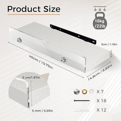 3 Pack Wooden Floating Shelves for Wall with Acrylic Front Lip, 15.7 IN Wall Mounted Rustic Style Shelves for Bathroom, Bedroom, Living Room, Kitchen, Hanging Shelves, White