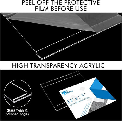 EHWINE 10 Pack 8.5 x 11 Wall Mount Acrylic Sign Holder, Horizontal Wall Signs Photo Menu Flyer Display Holders, Plastic Clear Acrylic Frames for Office Home Hotel Business Store (with Adhesive Tape)