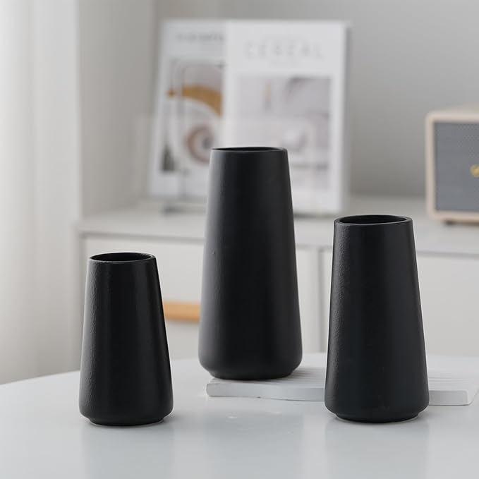 Matte Black Vase - 8" Big Black Ceramic vase for Flower, Simple Vases for Pampas Grass, Minimalist Farmhouse Boho vases for Centerpieces, Home Decor, Bathroom Decor