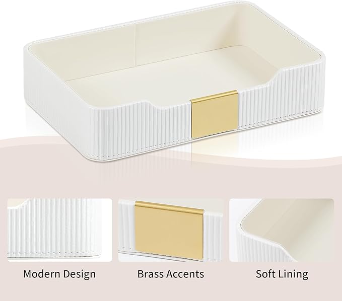 Valet Tray Desktop Storage Organizer, PU Leather Catchall Bedside Vanity Tray with Brass Accents Block Nightstand Organizer for Keys Watch Wallet Phone, Decorative Nightstand Storage (White)