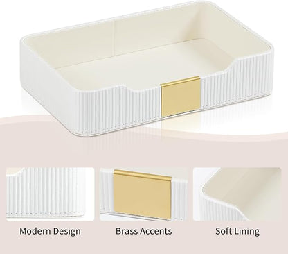 Valet Tray Desktop Storage Organizer, PU Leather Catchall Bedside Vanity Tray with Brass Accents Block Nightstand Organizer for Keys Watch Wallet Phone, Decorative Nightstand Storage (White)