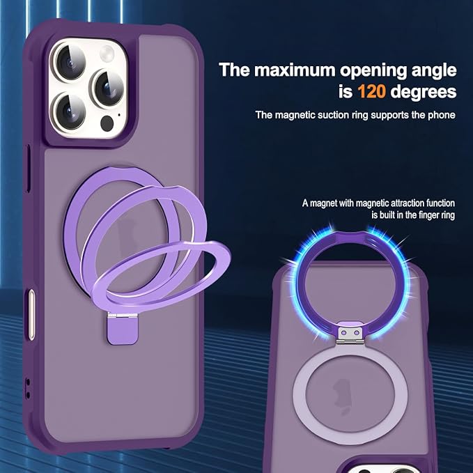 Compatible with iPhone 16 Pro Case with Invisible Magnetic O-Ring Stand Military-Grade Translucent Case for iPhone 16 Pro 6.3" [Compatible with Mag-Safe][Great Grip Feeling], Purple