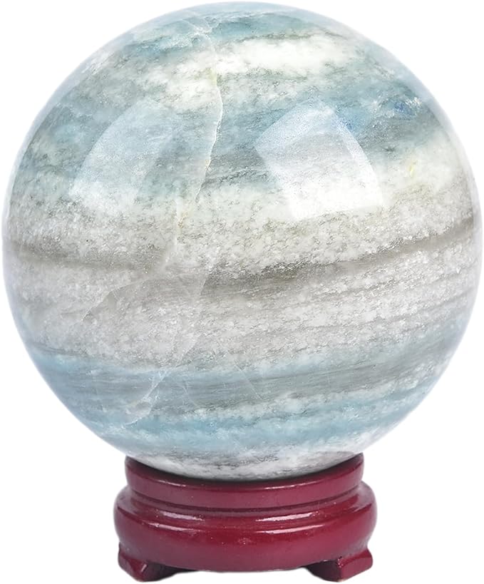 JIC Gem Natural Large Trolleite Crystal Ball Sphere Blue Healing Crystal Gemstone Ball with Display Stand Home Decor Meditation Grid Energy Balance (90-100mm)