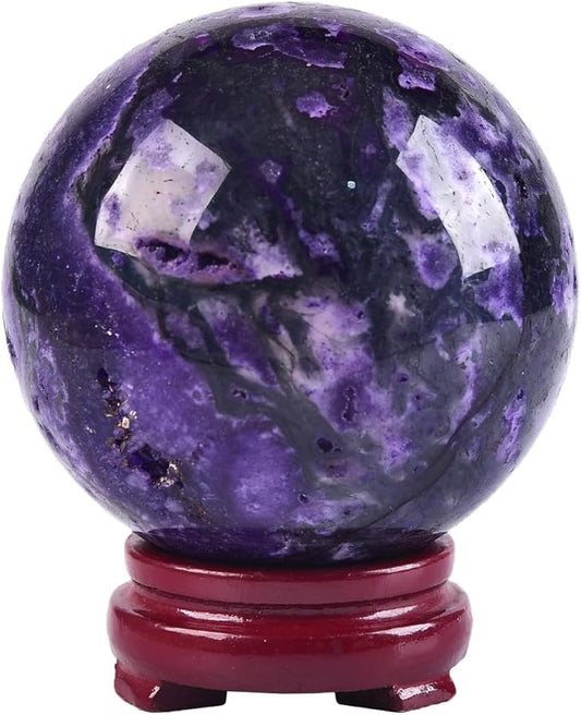JIC Gem 3.1-3.5 inch(80-90mm) Large Purple Moss Agate Crystal Sphere Quartz Crystal Ball with Stand Healing Ornament Witchcraft Meditation Decor