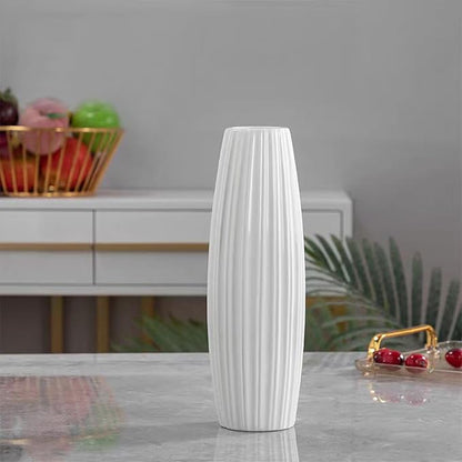 12Inch Tall White Ceramic Vase for Home Decor, Modern Textured Vase for Living Room, Table Centerpiece, Farmhouse Style