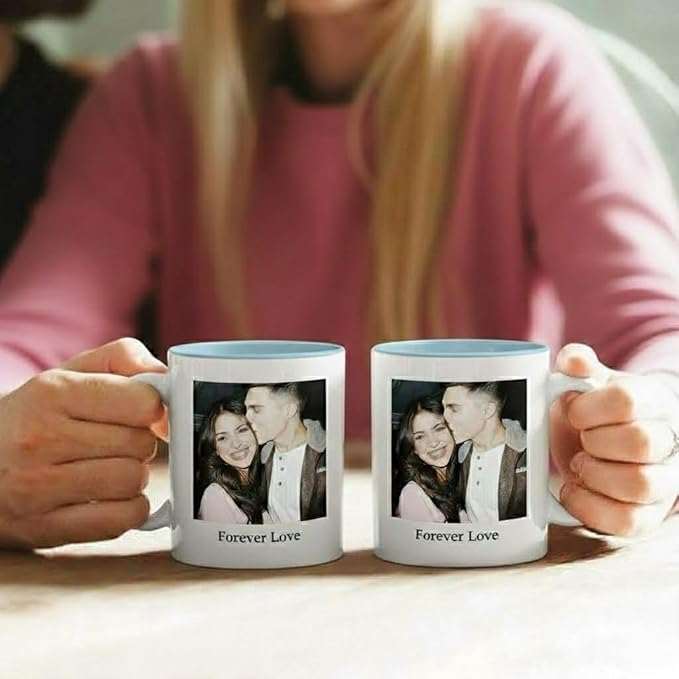 Custom Photo Coffee Mug, Personalized Forever Love Design Ceramic Cup for Anniversary Boyfriend Girlfriend Dishwasher Safe, 11oz (Sky Blue)