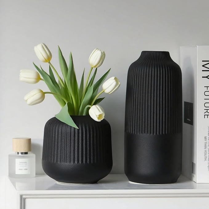 Black Ceramic Vase, Flower Vase in Nordic Style, Black Vases for Pampas Grass, Large Boho Decor Matt 10 Inch,Vases Home Decor for Centerpieces Table Entryway Shelf