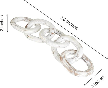 Housewarming Gifts Wood Chain Link Decor Hand Carved 5-Link Wood Knot Decorative Chain, Rustic Decorative Object Large Wooden Chain for Home Living Room Coffee Table Farmhouse 16 x 4 x 2 (White)