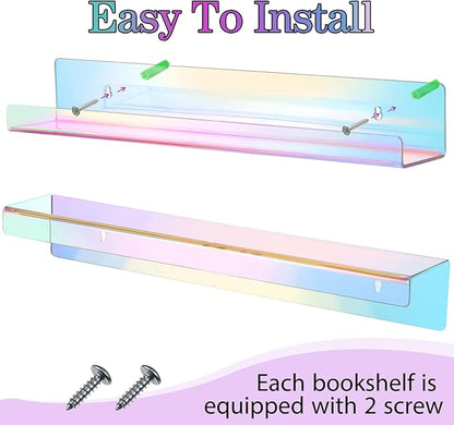 Blulu 8 Packs 14 Inch Acrylic Floating Shelf Wall Mounted Invisible Acrylic Shelf Ledge Floating Bookshelf for Living Room Office Bedroom Bathroom Kitchen Decoration Space Save (Iridescent)