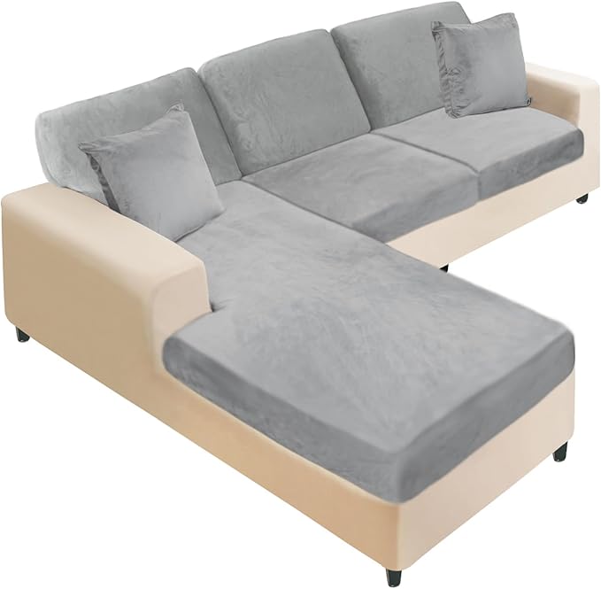 NAISI Sectional Couch Covers 6 Pieces Velvet Couch Cushion Covers L Shape Soft Stretch Sofa Slipcovers with 2pcs Pillowcases for Left/Right Chaise Sectional Couch(2 Seater+1 Chaise+3 Back,Light Grey)