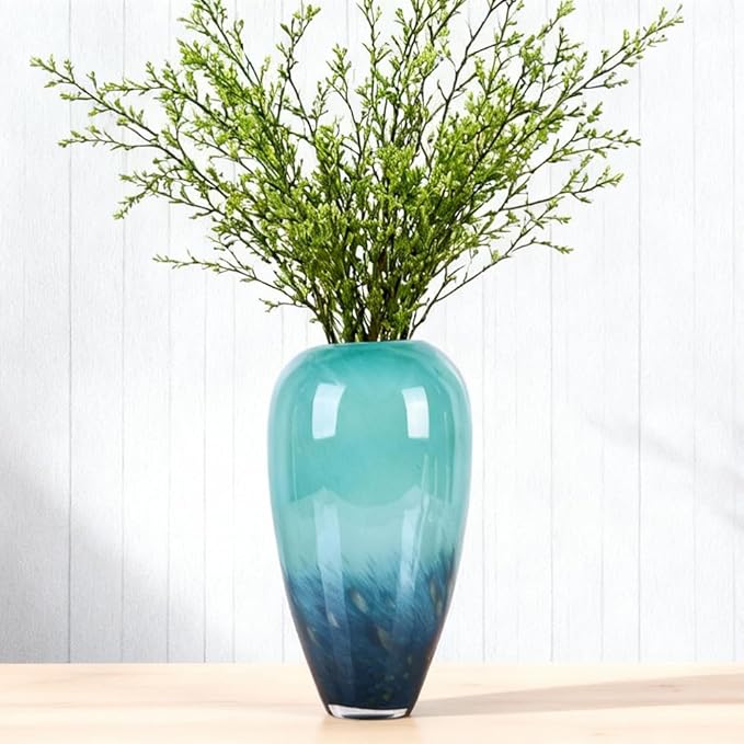 Teal Glass Vase – 11" Hand Blown Glass Vase for Teal Home Decor Accents, Wide Mouth Turquoise Vases Home Decor for Centerpieces, Dining Table, Bookshelf, Bathroom or Living Room Display