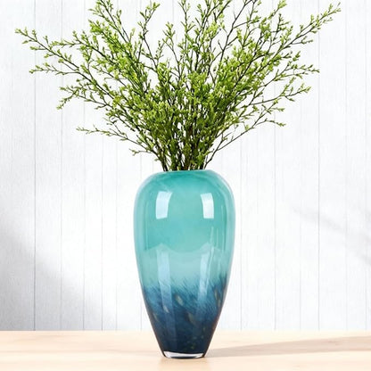 Teal Glass Vase – 11" Hand Blown Glass Vase for Teal Home Decor Accents, Wide Mouth Turquoise Vases Home Decor for Centerpieces, Dining Table, Bookshelf, Bathroom or Living Room Display