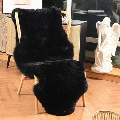 LLB Genuine Sheepskin Area Rug Wool Rug Fur Carpet Fluffy Shaggy Fur Rug for Living Room Kids Bedroom Real Sheepskin Throw Lambskin Rugs Sofa Mat Chair Seat Covers (Black, 2 x 6 ft Sheepskin)