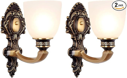 NOXARTE 2 Pack Vintage Wall Sconce Brass Wall Mounted Light Ceiling Fixture with Milk White Glass Shades for Living Room Bedroom Hallway