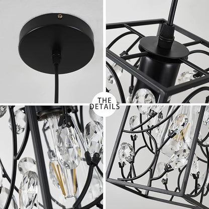 Modern Mini Crystal Pendant Light with Metal Cage 1-Light Rectangular Pendant Lighting Fixture for Kitchen Island Sink Countertop Dining Room Farmhouse, Matte Black Finish