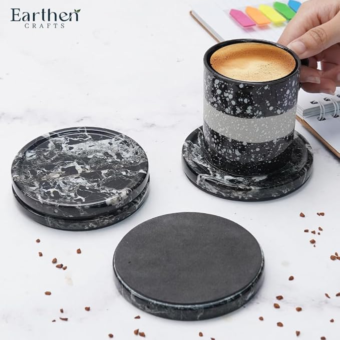 Marble Coasters Set of 4 for Drinks 4 Inches Round Black Stone Drink Coaster, Decorative for Coffee Table Decor, Kitchen Counter & Ideal