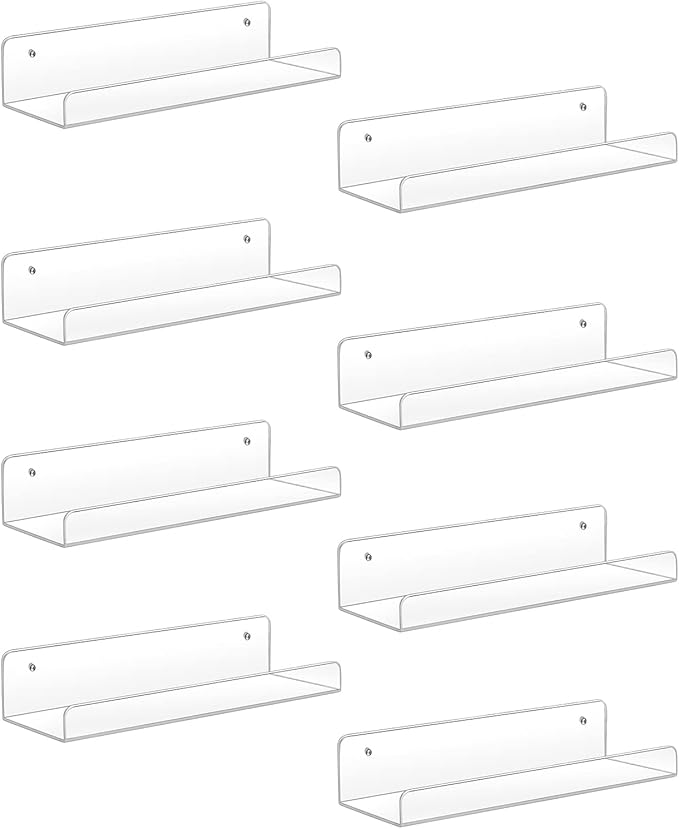 Sooyee Acrylic Shelves,8 Pack 15 Inch Floating Wall Mounted Shelves, Funko Pop Display Case,Invisible Kids Book Shelf,Picture Ledge Shelf Decor Accents,Bathroom Shelf,Clear