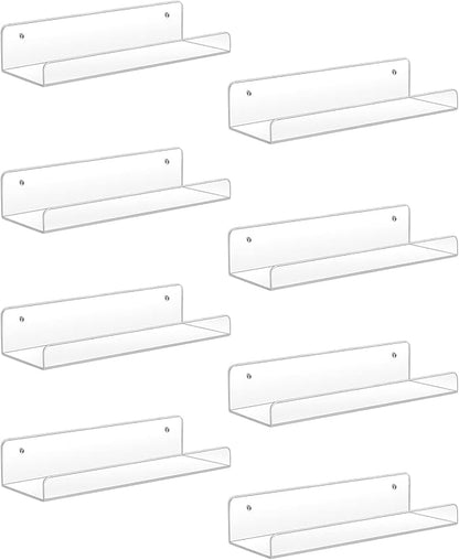 Sooyee Acrylic Shelves,8 Pack 15 Inch Floating Wall Mounted Shelves, Funko Pop Display Case,Invisible Kids Book Shelf,Picture Ledge Shelf Decor Accents,Bathroom Shelf,Clear