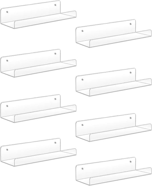 Sooyee Acrylic Shelves,8 Pack 15 Inch Floating Wall Mounted Shelves, Funko Pop Display Case,Invisible Kids Book Shelf,Picture Ledge Shelf Decor Accents,Bathroom Shelf,Clear