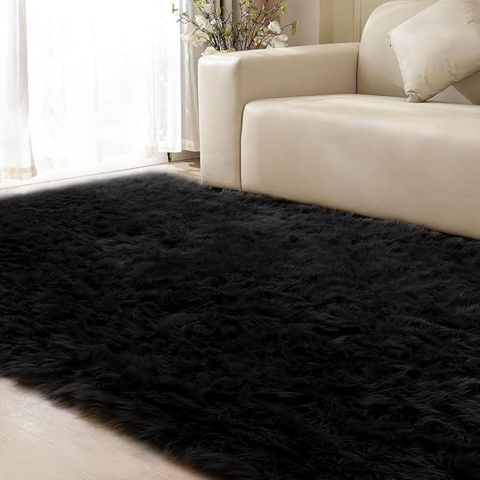 Black Fuzzy Faux Sheepskin Shaggy Fur Rugs for Bedroom Machine Washable Furry Rug 4x6 Area Rugs for Nursery Decor