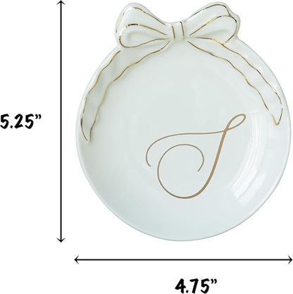 COLLECTIVE HOME - Personalized Initial Ceramic Jewelry Tray with Bow, Christmas Gift Ideas for Women, Small Gift for Girlfriend Wife, Ring Holder, Earrings Dish, Birthday Gift for Her (S)