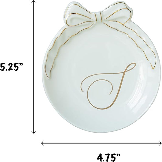 COLLECTIVE HOME - Personalized Initial Ceramic Jewelry Tray with Bow, Christmas Gift Ideas for Women, Small Gift for Girlfriend Wife, Ring Holder, Earrings Dish, Birthday Gift for Her (S)
