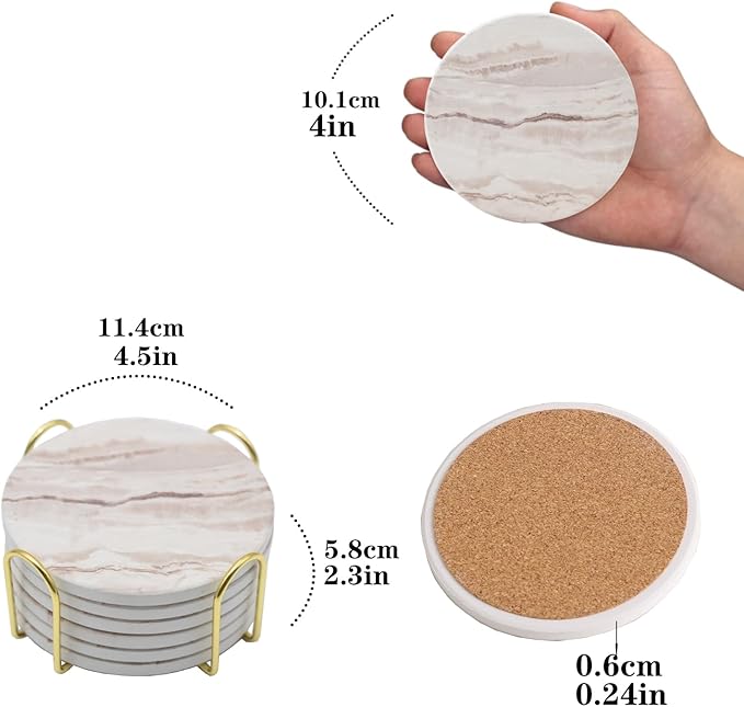 6Pcs Drink Coasters with Holder, Round Marble Style Ceramic Drink Coaster, Absorbent Coaster Set for Home Decor Tabletop Protection, Suitable for Kinds of Cups, Housewarming Gift, 4 Inches