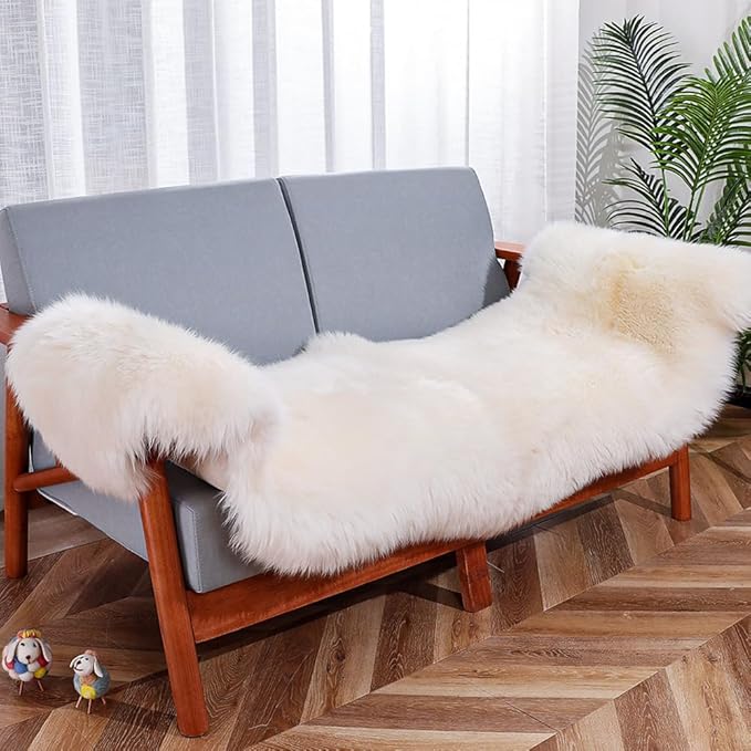 Premium Genuine Sheepskin Rug, Fuzzy Fluffy Shaggy Fur Wool Area Carpet for Soft Fur Pray Pup Mat,Bedroom,Living Room,Chair Sofa Seat Cover,Ivory White, 2' x 6'
