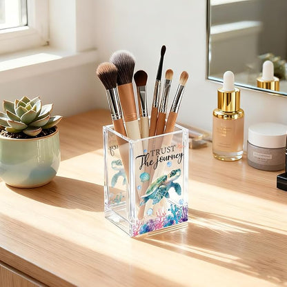 Trust The Journey Acrylic Pencil Holder Cup, Inspirational Gifts for Friends Coworker, Funny Sea Turtle Pen Holder for Women Girls Turtle Lover, Pencil Cup for Desk, Marker Makeup Organizer