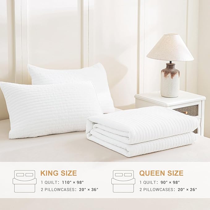 Sanracie Stonewashed Cotton Quilt Set King Size(110"x98"), Milk White Quilt Coverlet Bedding Set Cross Stitch Pattern 3Pcs Lightweight Crinkle Quilted Bedspread Set for All Season